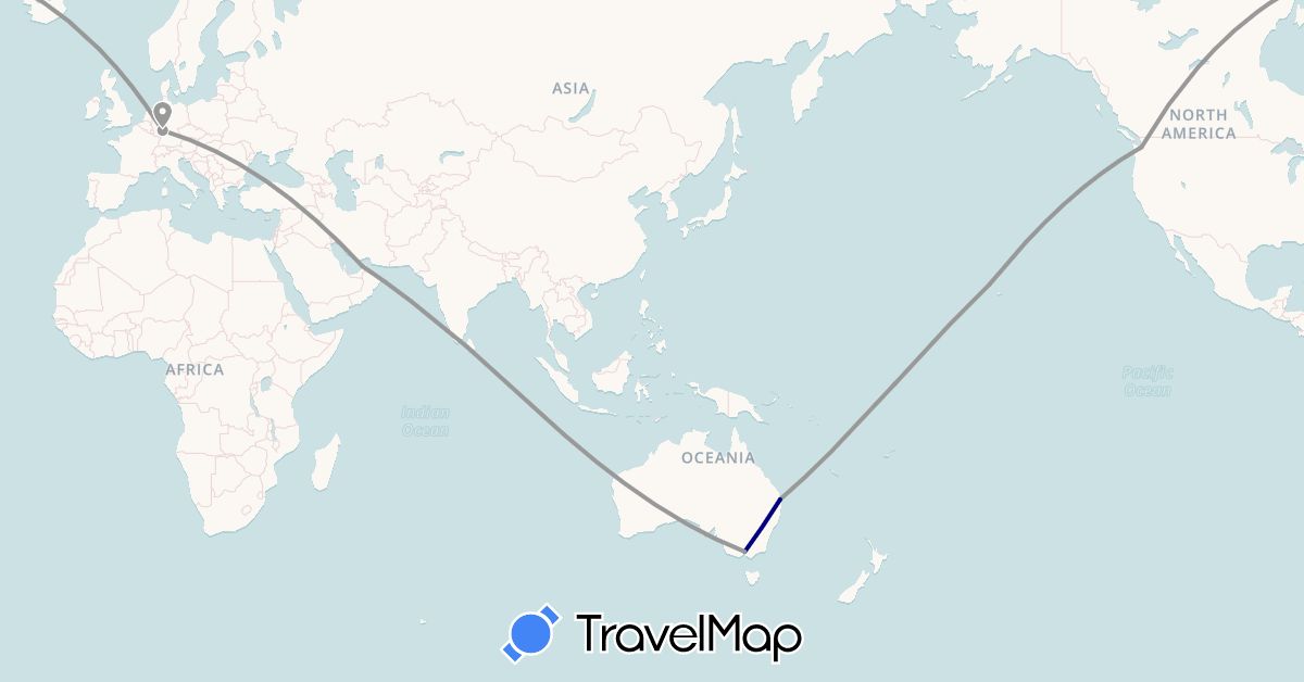 TravelMap itinerary: driving, plane in United Arab Emirates, Australia, Germany, Sri Lanka, United States (Asia, Europe, North America, Oceania)